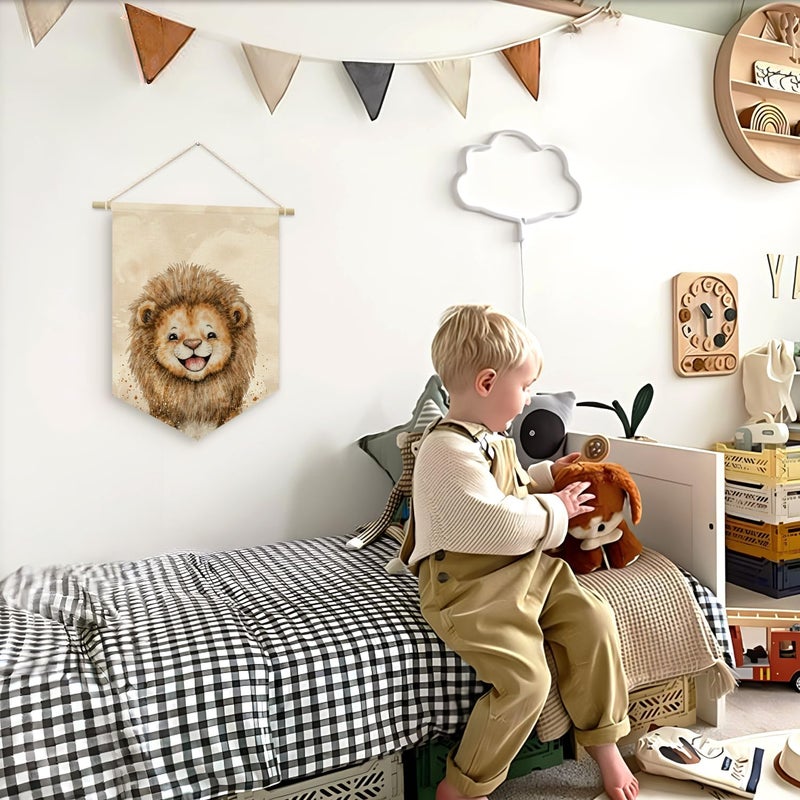 ETVISO Safari Nursery Decor, Baby Lion Cute Wall Art,Kids room Canvas Banner, Woodland Nursery Decor, Watercolor Animal Lion for Living Room Bedroom Kids Room, Hanging Pennant Flag Banner 15x11in - Image 4